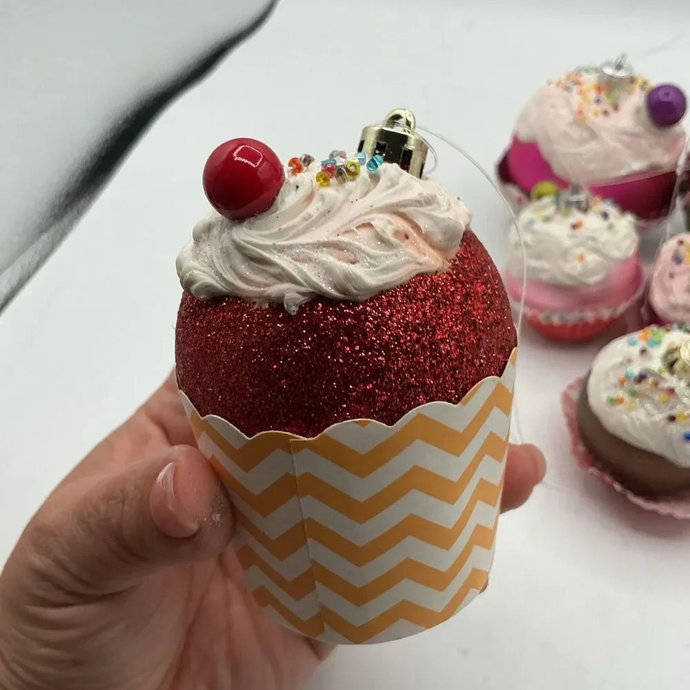 Lot of 13 Handmade Faux Cupcake Christmas Tree Ornaments Glitter Holiday Decor